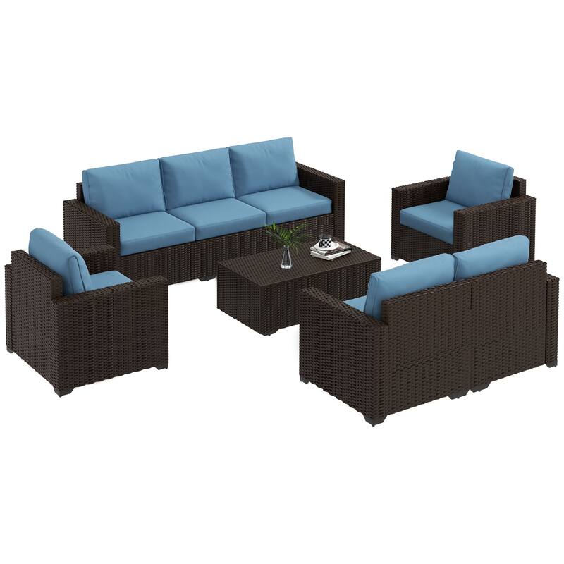 Outsunny 5 Piece Wicker Patio Furniture Set with Thick Padded Cushions, Outdoor PE Rattan Sectional Furniture Conversation Sofa