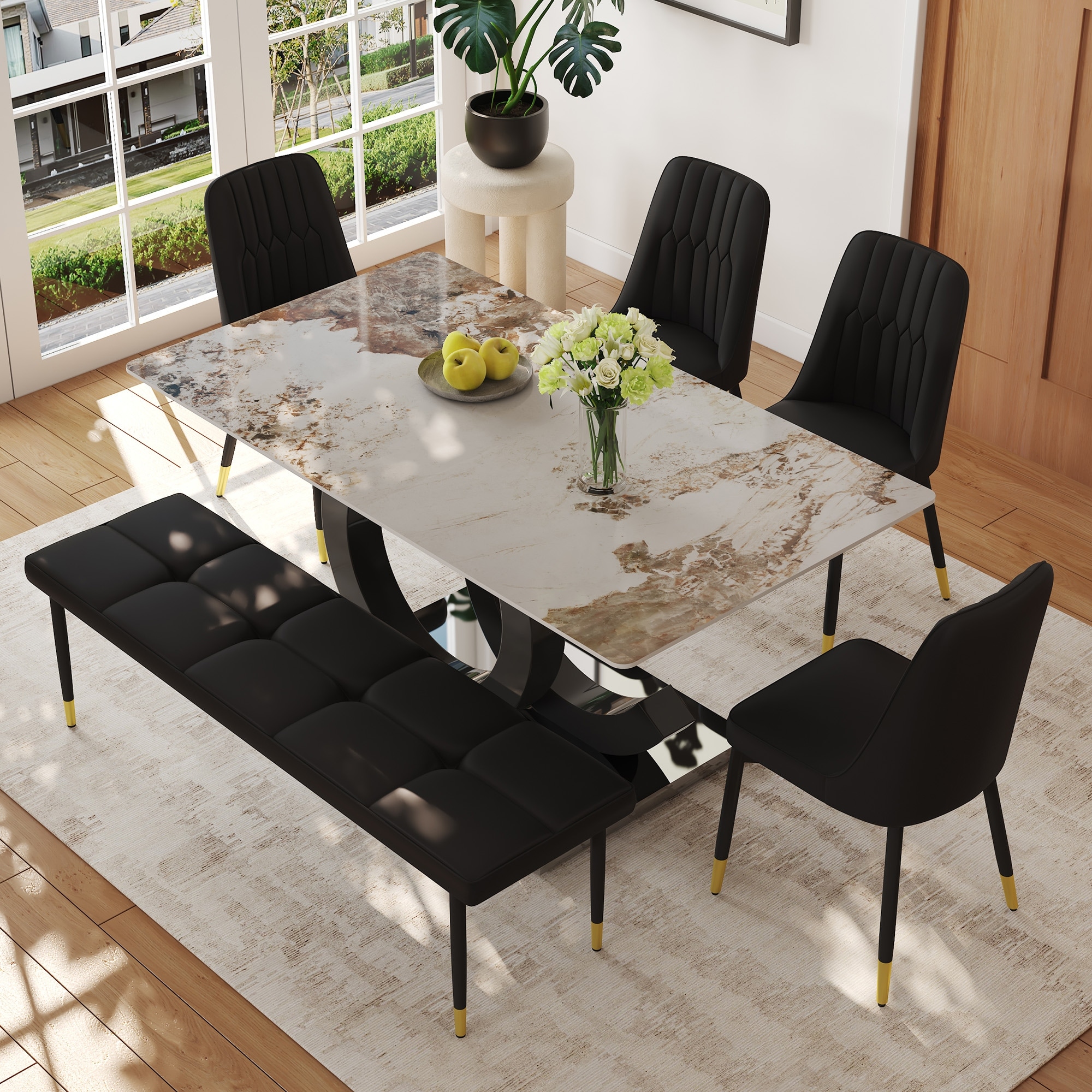 Black 6PCS Pandora Pattern Sintered Stone Dining Set with PU Chairs and Versatile Bench