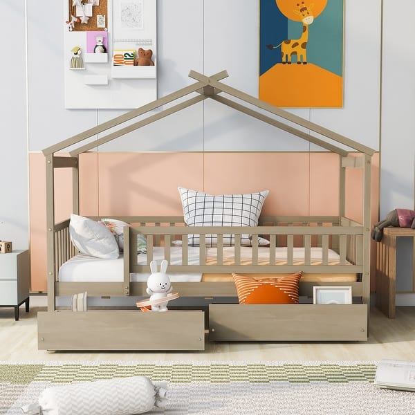 slide 2 of 9, Natural Wooden Twin Bunk Bed Classic House-shape Bed w/ Drawers Unisex Twin - Natural