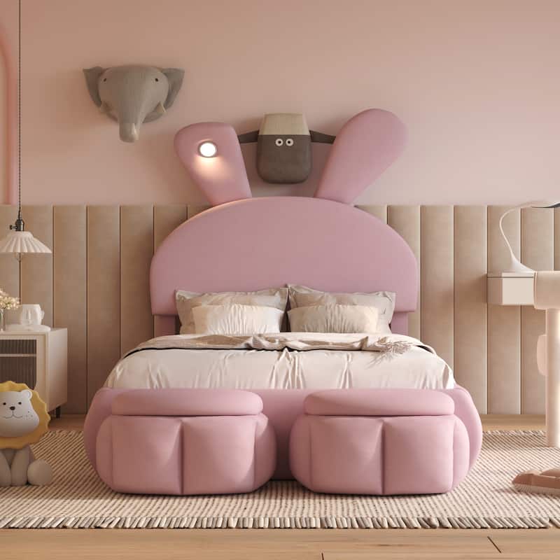 Twin Size Velvet Upholstered Platform Bed with Rabbit Shaped Headboard - Pink - Twin