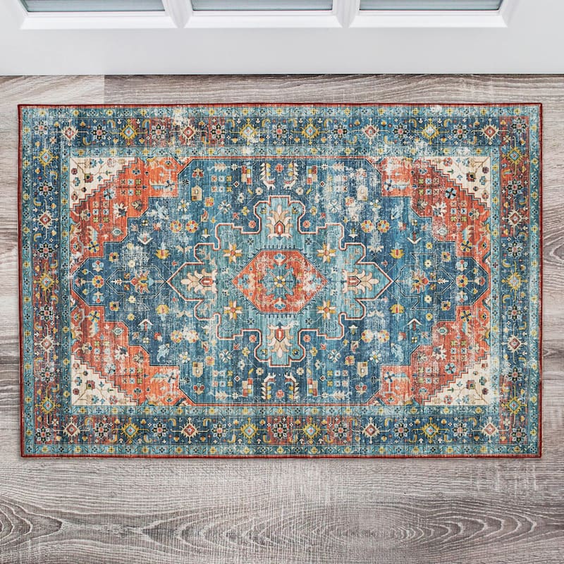 Markum Machine Washable Teal and Rust Area Rug