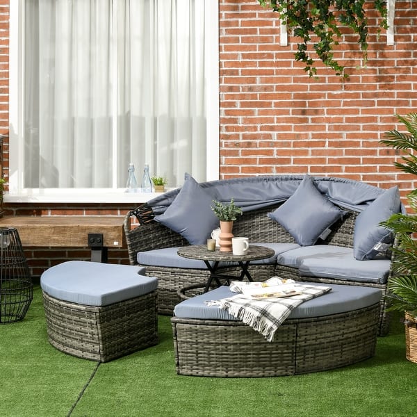slide 2 of 17, Outsunny 4pc Rattan Patio Furniture Set, Round Convertible Daybed or Sunbed, Adjustable Sun Canopy, Sectional Outdoor Sofa Light Grey