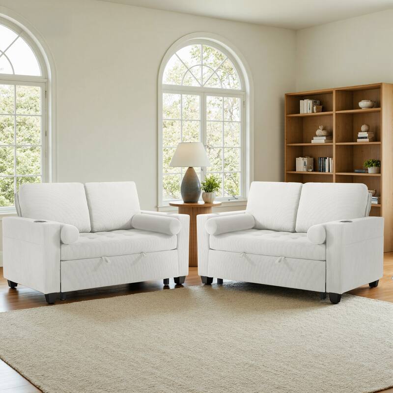 2 Set Corduroy Convertible Sleeper Sofa Bed Loveseats with Cup Holder, USB Ports