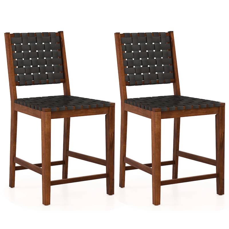 Costway Woven Bar Stools Set of 2 Counter Height Dining Chairs Faux PU - See Details - Brown + Black - Set of 2