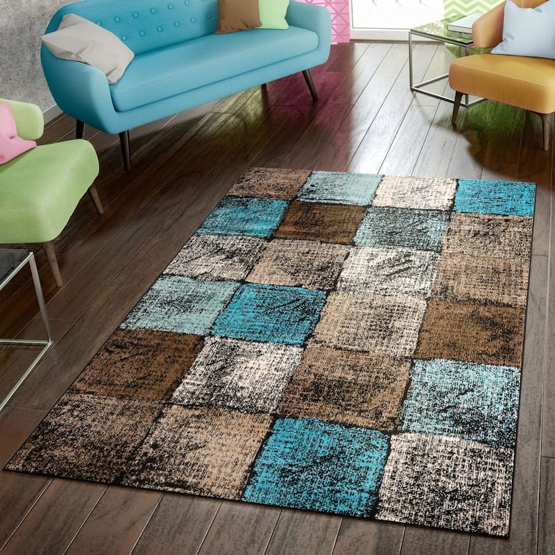 Modern Area Rug For Living Room In Brown Cream Blue Checked - 7'10" x 11'2"