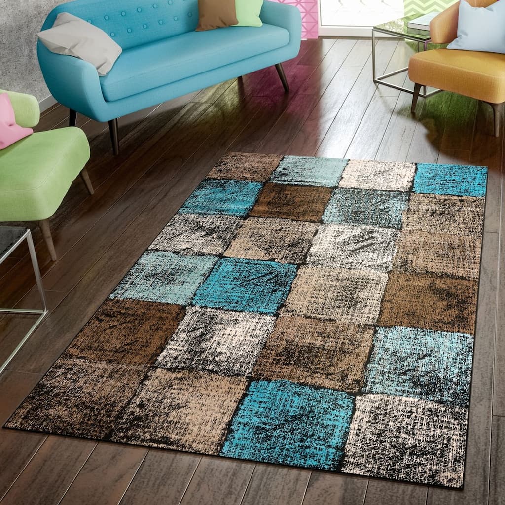Modern Area Rug For Living Room In Brown Cream Blue Checked