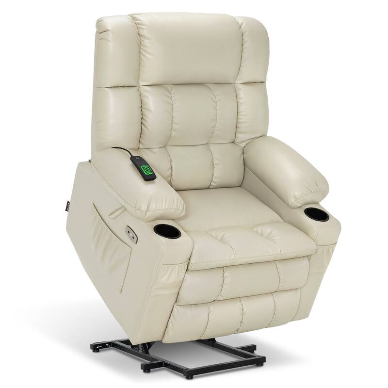 MCombo Medium Dual Motor Power Lift Recliner Chair Infinite Position, Massage and Heat, Extended Footrest, Faux Leather 7890 - Cream White