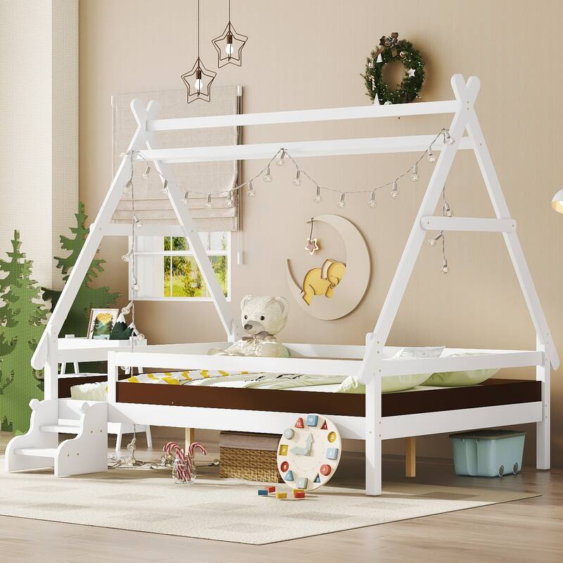 Roomfitters House Platform Bed with Stairs, Solid Wood Low Profile Frame with Roof Design for Playroom - Light White - Full