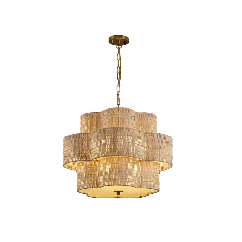 6-Light Brass Chandelier With A Nature Rattan Waved Basket Shade