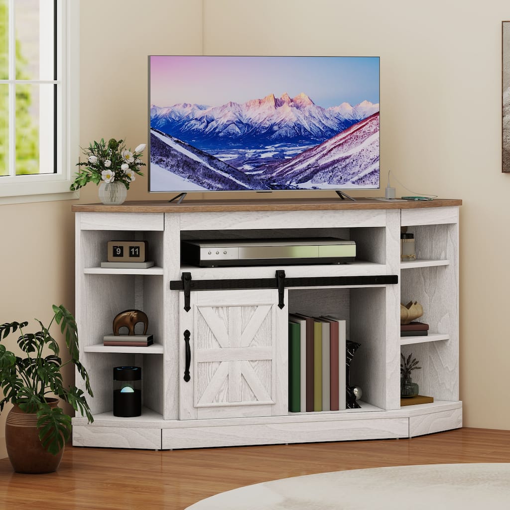 Moasis 47.2" W Corner TV Stand with Power Outlet, Barned-Door Cabinet
