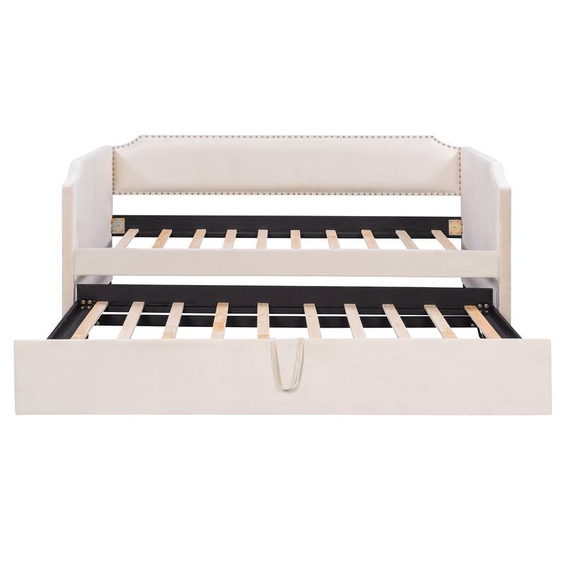 Extendable 2-in-1 Daybed Frame, Space-Saving Twin to King Design,Twin Size Velvet Upholstered Daybed with Pop Up Trundle