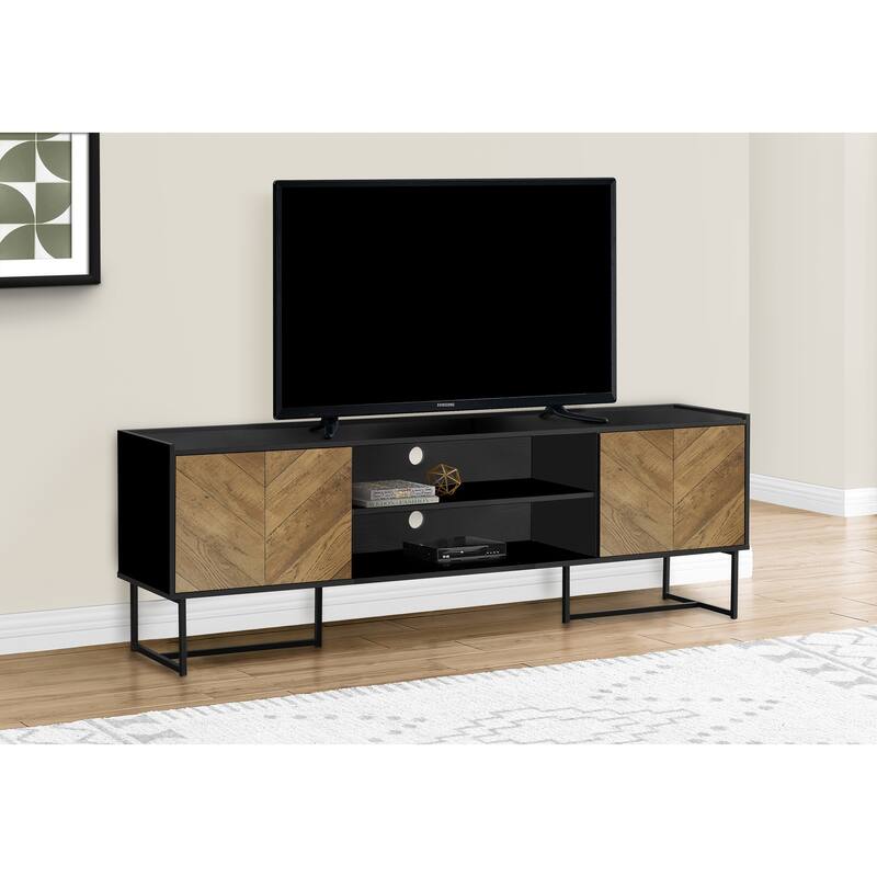 Modern 72-Inch TV Stand with Storage Cabinets, Wire Management, Brown & Black Laminate, Black Metal Frame