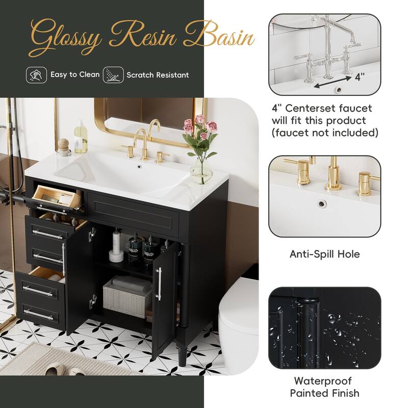 36'' Black Bathroom Vanity with Resin Basin, 2 Drawers, Tip-Out Drawer and Height Adjustable Shelf, Modern Design