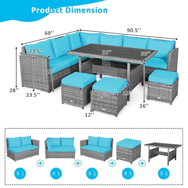 dimension image slide 0 of 5, Costway 7 PCS Patio Rattan Dining Set Sectional Sofa Couch Ottoman - See Details