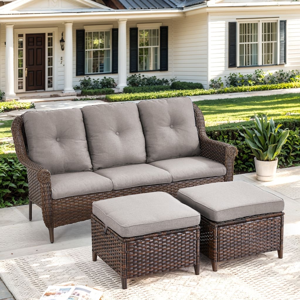 Outdoor Patio 3-Seat Sofa with 2 Ottomans Brown - Grey