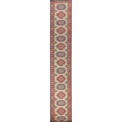 Geometric Beige Kazak Oriental Runner Rug Handmade Wool Carpet - 2'7" x 35'3"