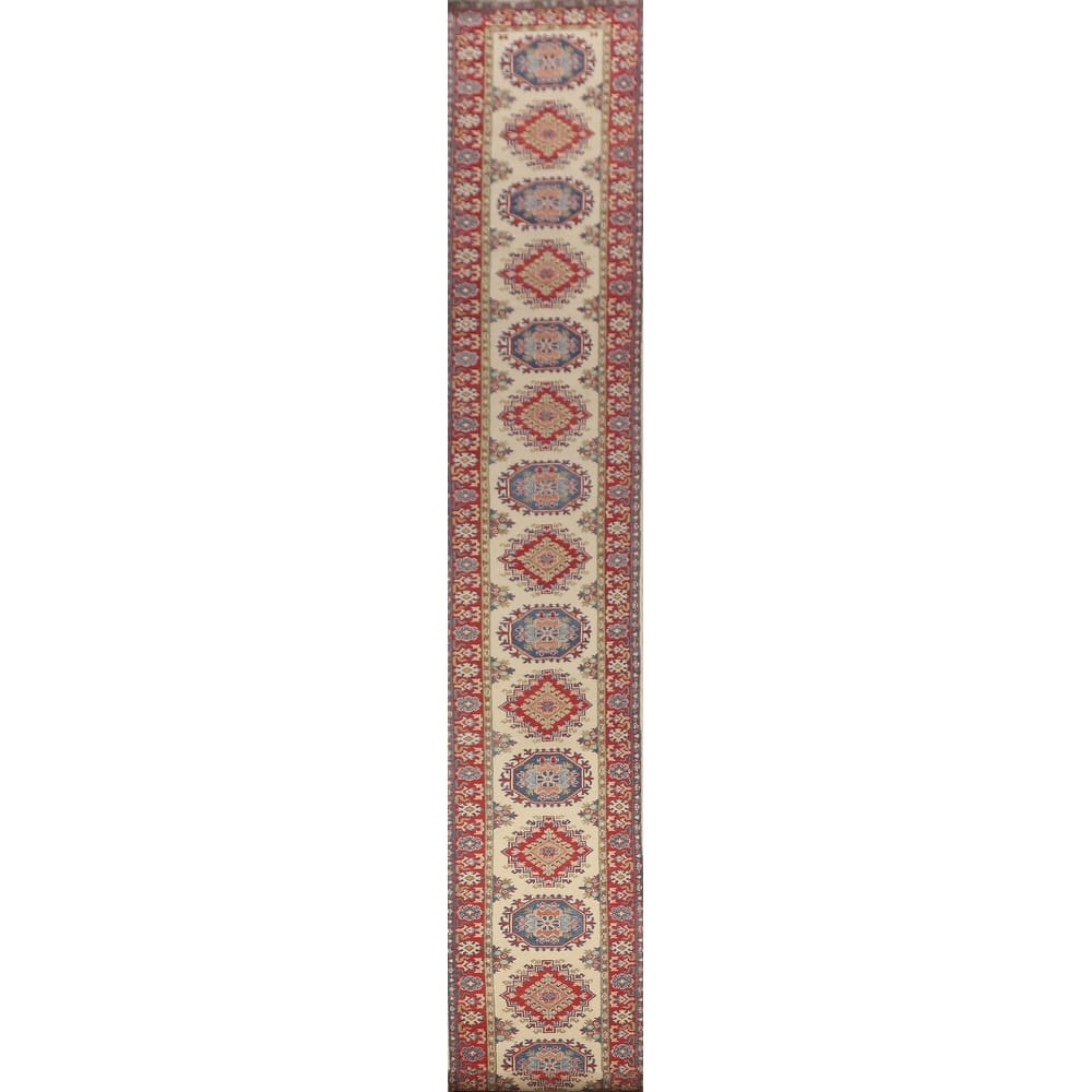 Geometric Beige Kazak Oriental Runner Rug Handmade Wool Carpet - 2'7" x 35'3"