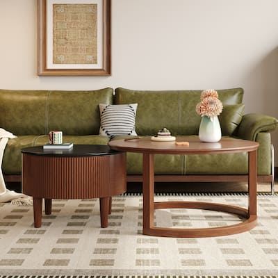Round Nesting Coffee Table Set, 2-Piece Fluted Wood Center Tables, Small Accent Table with Drawer & Rubber Wood Legs