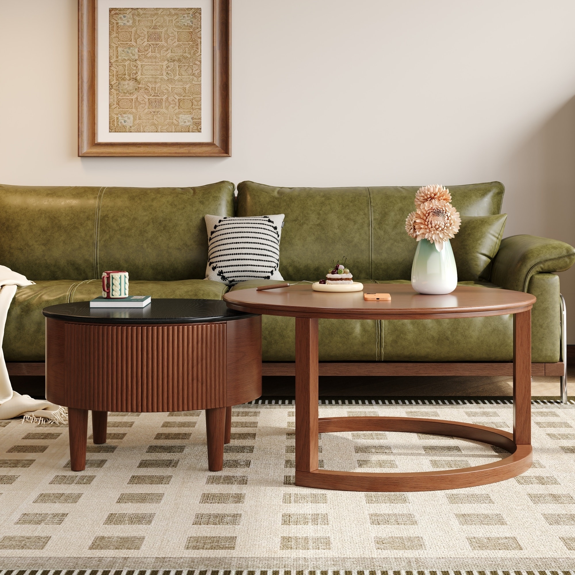 Round Nesting Coffee Table Set, 2-Piece Fluted Wood Center Tables, Small Accent Table with Drawer & Rubber Wood Legs