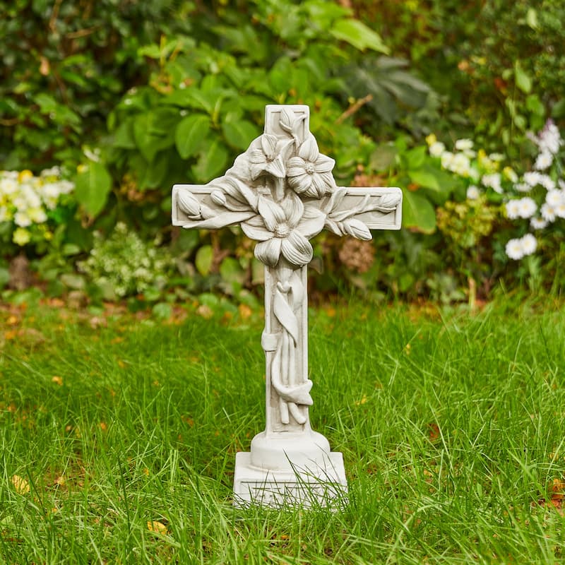 Glitzhome 21"H MGO Holy Christian Cross with Lily Garden Statue for Outdoor Indoor Christ Decor Sculpture