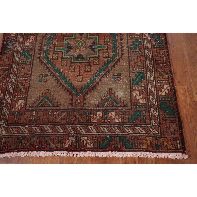 Brown Ardebil Persian Vintage Runner Rug Handmade Wool Carpet - 3'10" x 13'10"