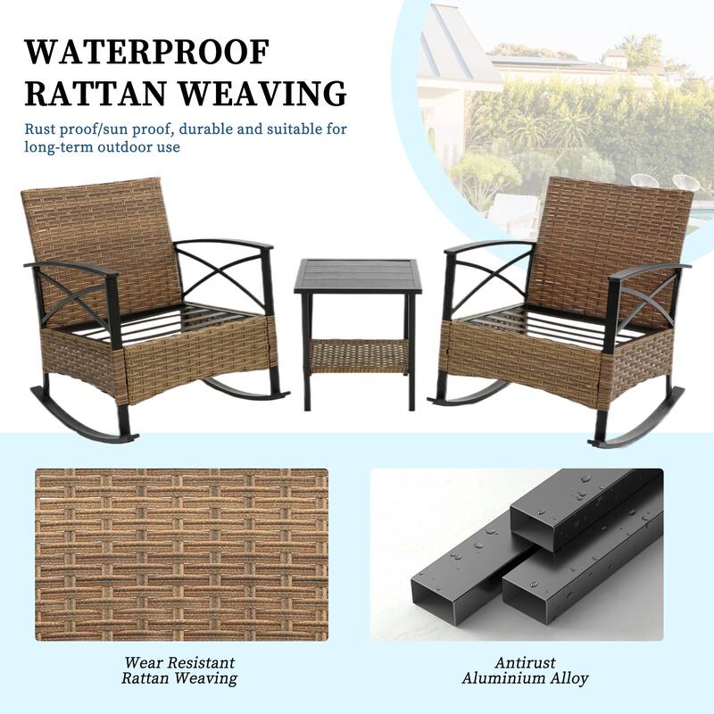 HOMEFUN 3-Piece Rattan/Wicker Outdoor Patio Rocking Cushions Chairs With Table