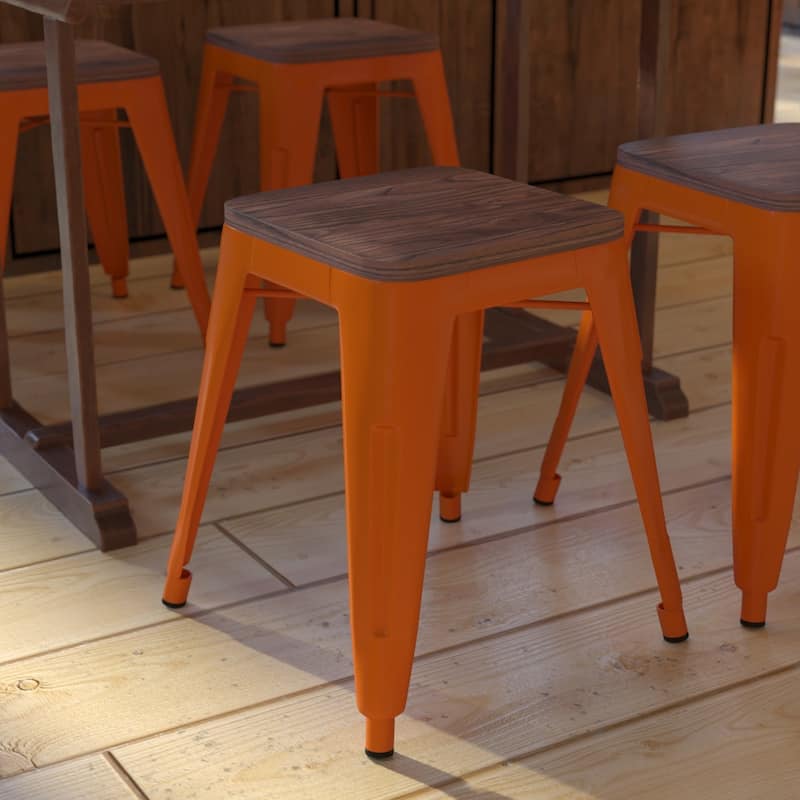 Set of 4 18" Table Height Indoor Stackable Metal Stool with Wood Seat