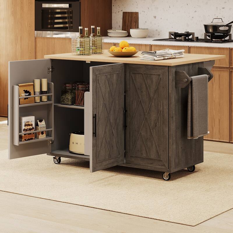 Geometric Twill Stripe Textured Design Kitchen Island with Drop Leaf - N/A - Brown