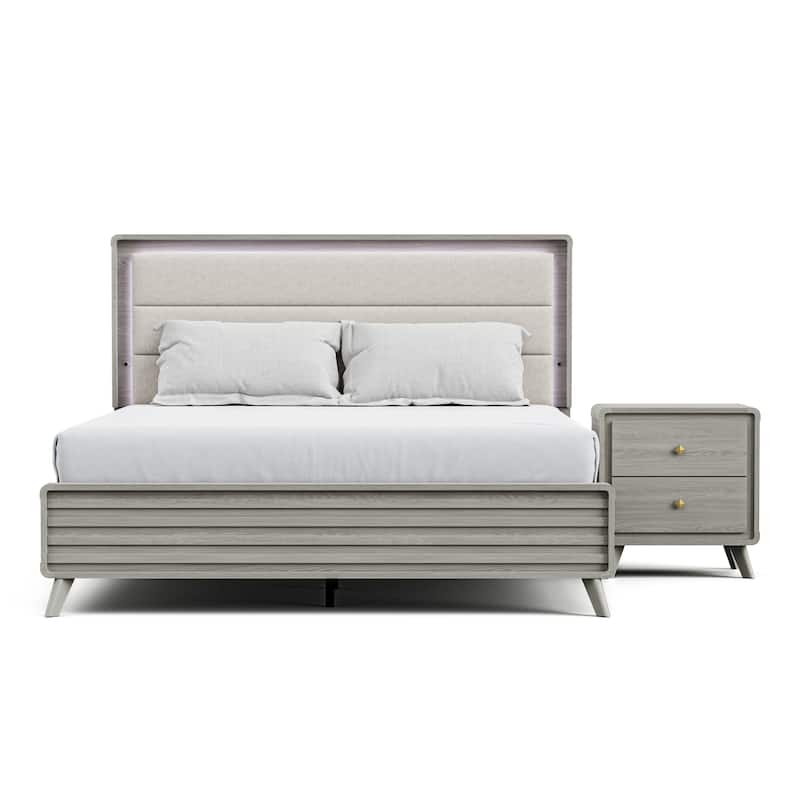 Furniture of America Thaila Modern 2-Piece Grey Wood Upholstered Panel Bedroom Set with LED on Headboard