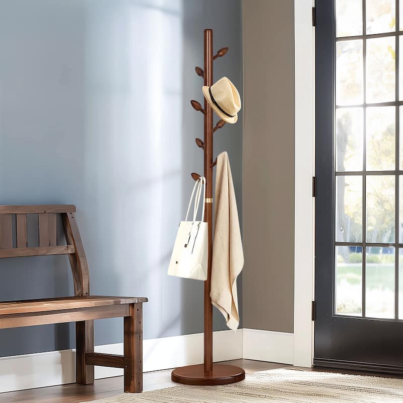 Tree-branch Rubberwood Freestanding Coat Rack with Hooks