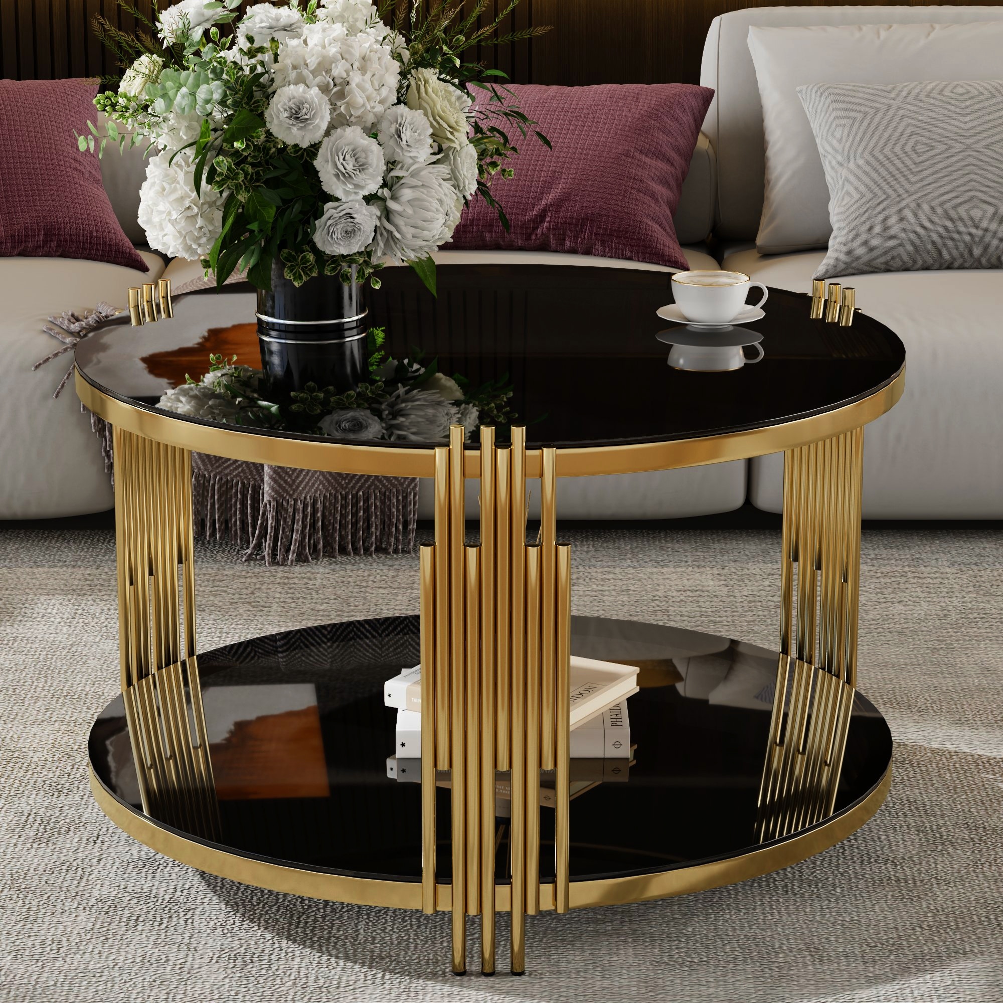Modern Black Mirror Coffee Table Living Room Center Table with Circular Drum Base, Tempered Mirror Top & Lower Storage Shelf