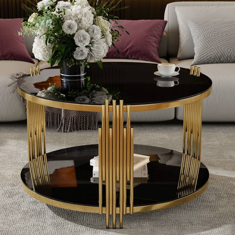 Modern Mirror Coffee Table, Asymmetrical Metal, Circular Metal Drum Base, Gold Finish & Lower Shelf - Black