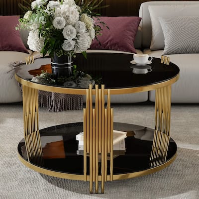 Modern Mirror Coffee Table, Asymmetrical Metal, Circular Metal Drum Base, Gold Finish & Lower Shelf