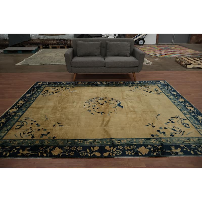 Hand Knotted Oriental 100% Wool Carpet Traditional Floral Yellow & Gold Art Deco Area Rug - 9' 5'' X 7' 5''