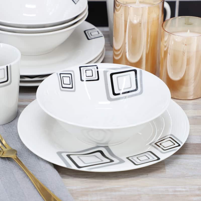 Gibson Home Black Squares 12 Piece Round Fine Ceramic Dinnerware Set in White