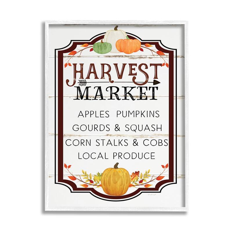 Stupell Harvest Market Sign Autumn Seasonal Farm Foods Framed Wall Art - 16 x 20 - White