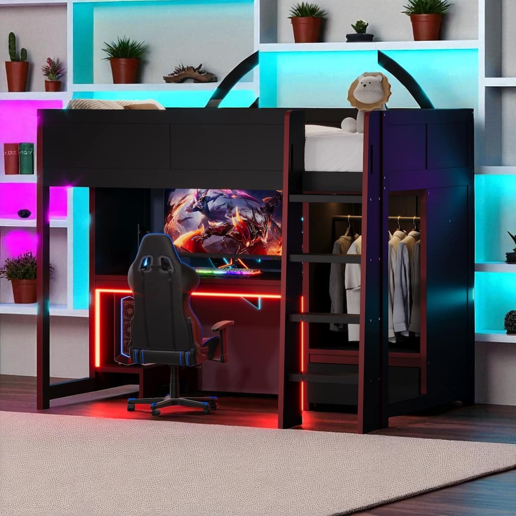 Wood Twin/Full Size Loft Bed with Desk, Wardrobe, LED Lights, Drawer and Hanging Rack - Space-Saving Gaming Workstation