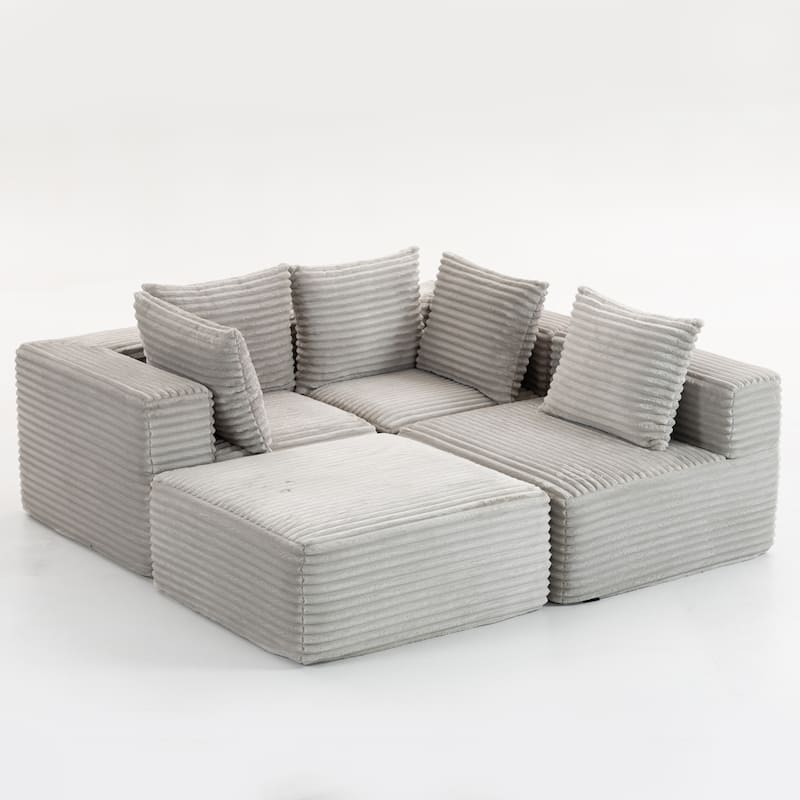 Floor Standing Deep Seat Sofa Corduroy Modular L-shaped Sectional Sofa with Chaise Lounge Compressed Sofa with Ottoman