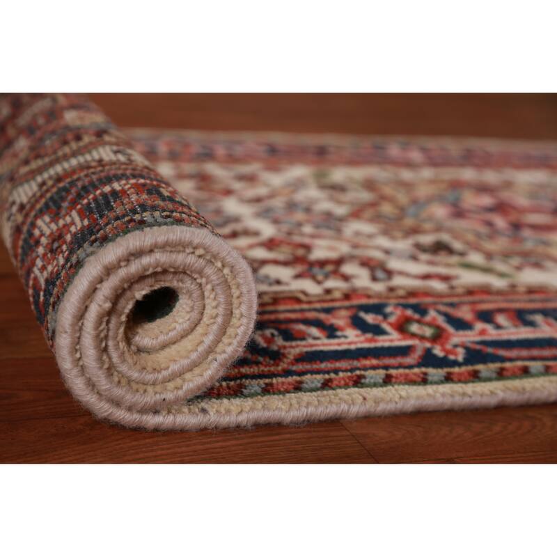 Hand Knotted Oriental 100% Wool Carpet Traditional Geometric Beige & Ivories Heriz (serapi) Runner Rug - 7' 10'' X 2' 7''