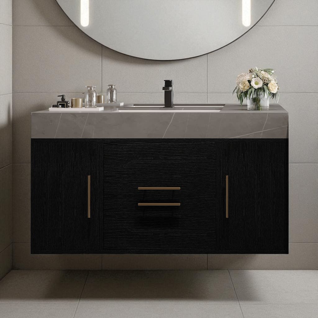 39.4" Floating Bathroom Vanity with Faux Marble Top, Ceramic Sink, Solid Wood Cabinets and Drawers, Wall Mounted Storage
