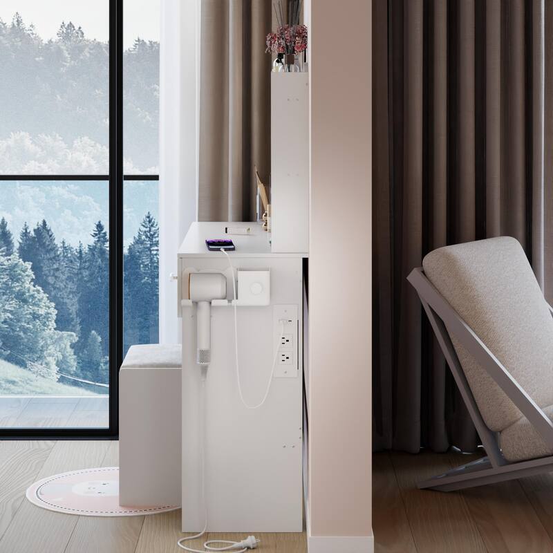 17" Round LED Mirror Vanity Table+Cushioned Stool, Equipped With 2 AC+2 USB Power Socket, Big Mirror, Touch Switch, 3 Colors