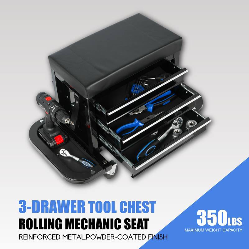 3-Drawer Tool Chest Rolling Mechanic Seat with Tool Trays