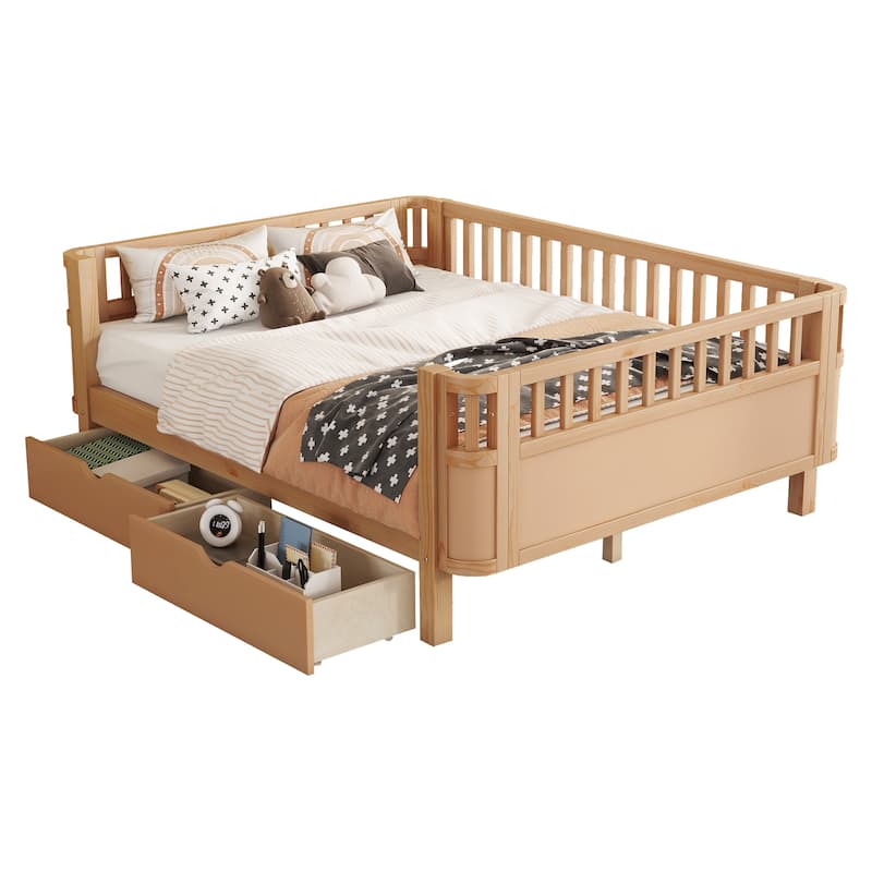 Wooden Kids Bed with 2 Storage Drawers, Guardrails and Removable Side Rail, Rounded Corners Frame Montessori Bed, Toddler Bed