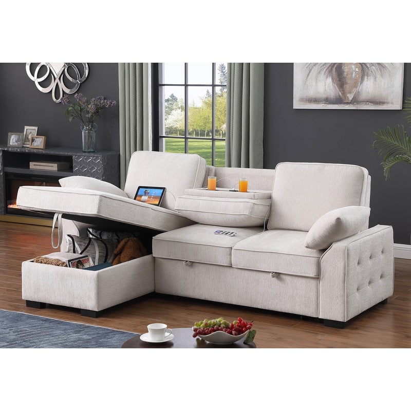 Mackenzie 91"W Chenille Fabric Reversible Sleeper Sectional with Storage Chaise, Drop-Down Table, Cup Holders & Charging Ports - Beige