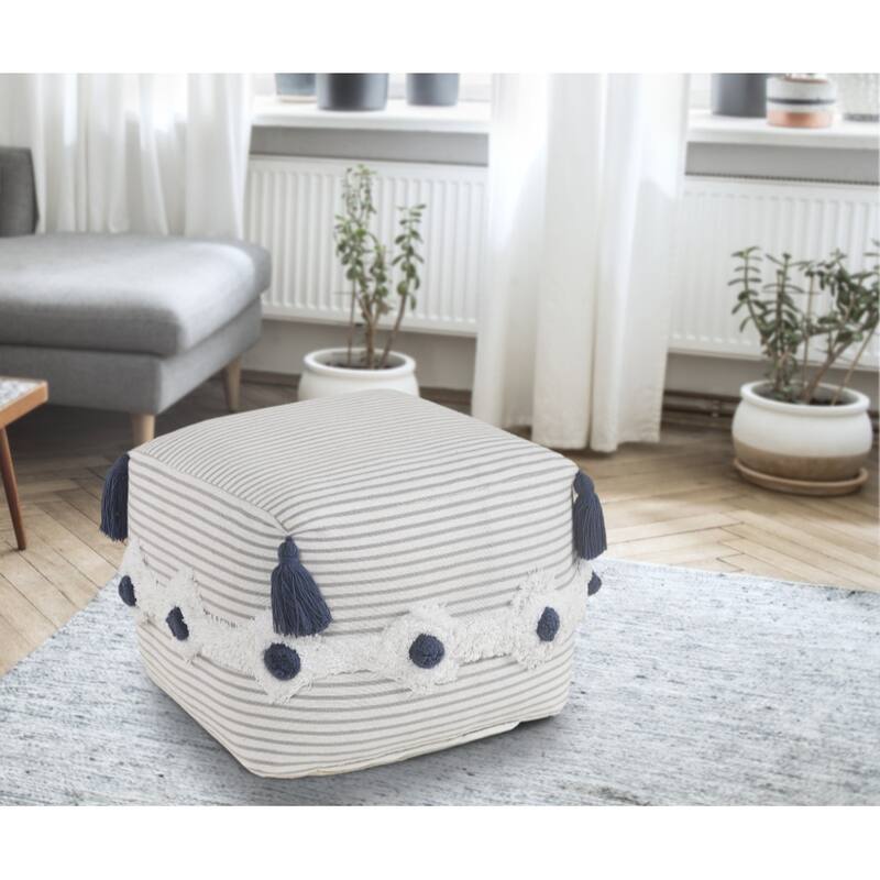 18 Inch Grey Pouf Ottoman Cotton Upholstery Striped Accent Seat