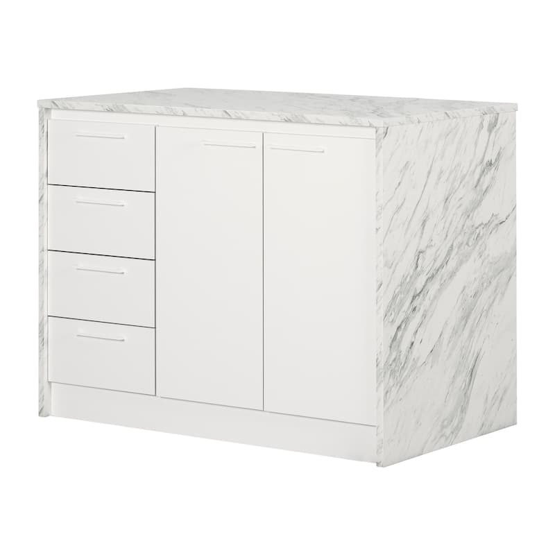 Compact Kitchen Island with White Faux Marble Top, 4 Drawers, Adjustable Shelves, and Seating Space for Two