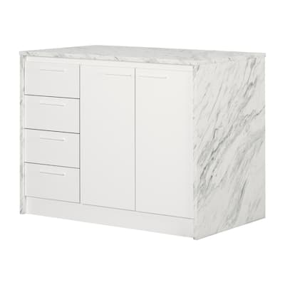 Compact Kitchen Island with White Faux Marble Top, 4 Drawers, Adjustable Shelves, and Seating Space for Two