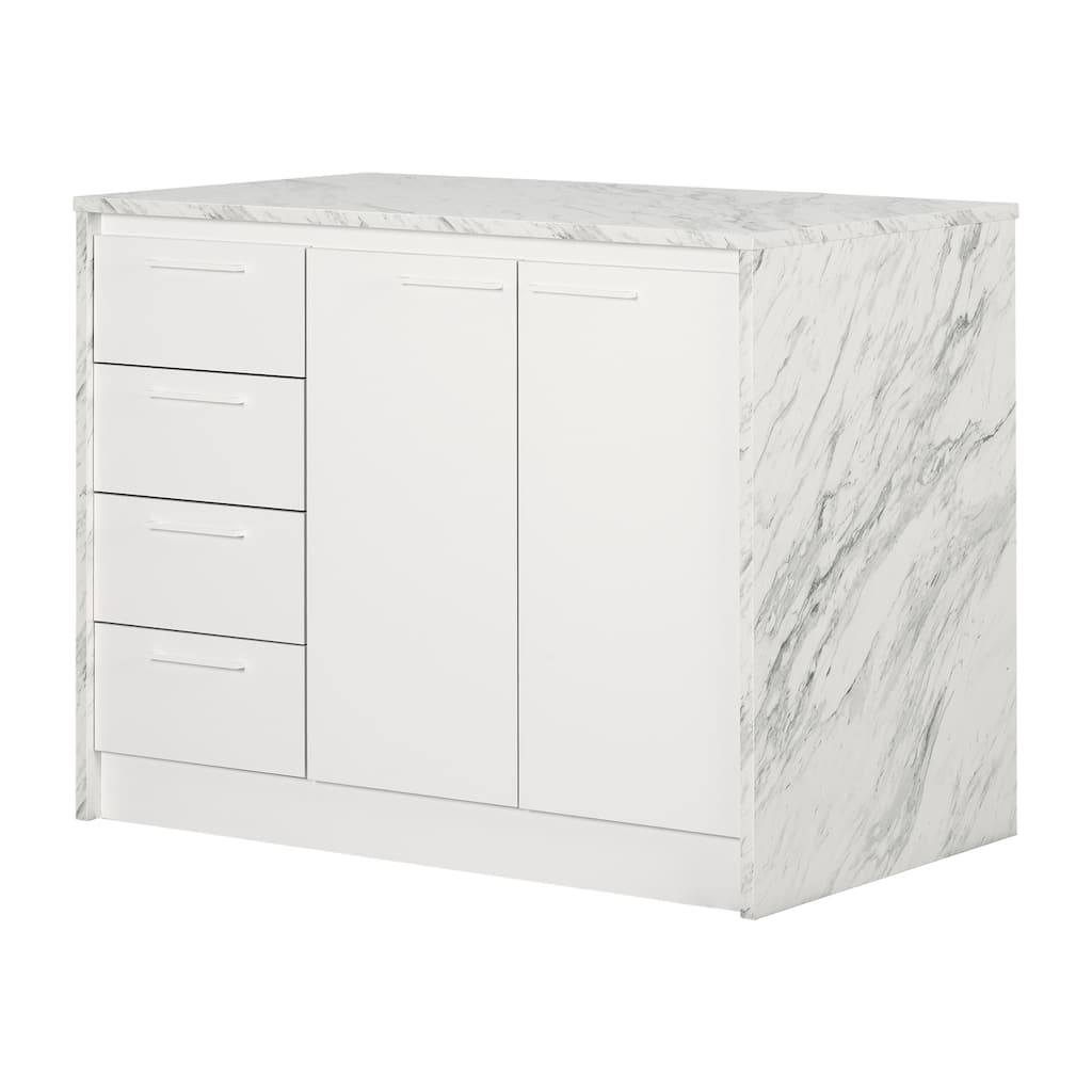 Compact Kitchen Island with White Faux Marble Top, 4 Drawers, Adjustable Shelves, and Seating Space for Two