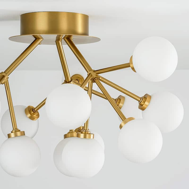 Allegra 15-Light Modern Gold Sputnik Cluster Frosted Opal Glass Globe Bubble Semi-Flush Mount LED Light