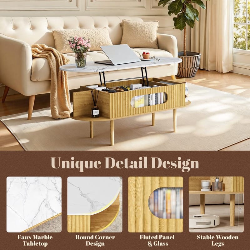 47" Fluted Lift Faux Marble Top Coffee Table, Wood Oval Center Table With 3 Hidden Compartment & 4 Open Space